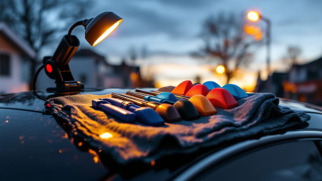 A set of automotive entry tools and protective wedges laid out on a folded cloth on a car roof at night under an amber lamp